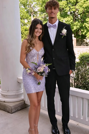 Lilac V-Neck Spaghetti Straps Lace Fitted Homecoming Dress