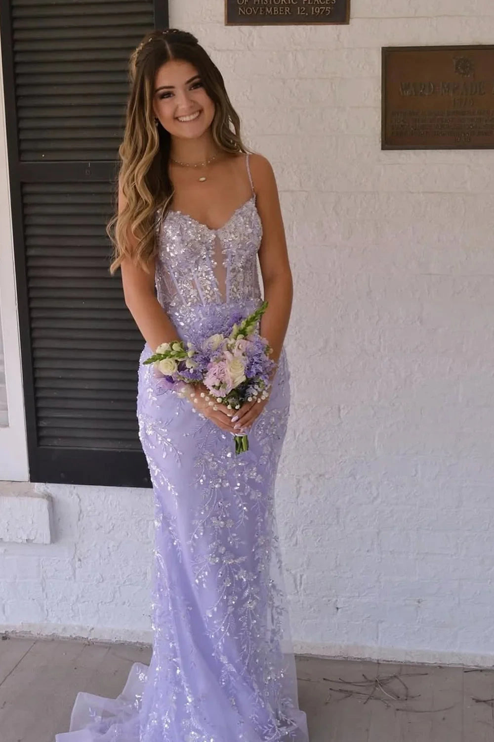 Lilac V-Neck Spaghetti Straps Mermaid Lace Party Prom Dress