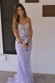 Lilac V-Neck Spaghetti Straps Mermaid Lace Party Prom Dress