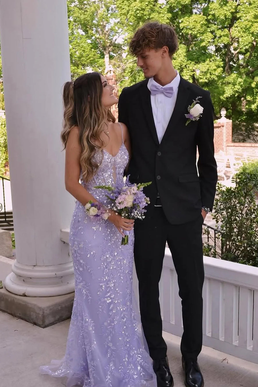 Lilac V-Neck Spaghetti Straps Mermaid Lace Party Prom Dress