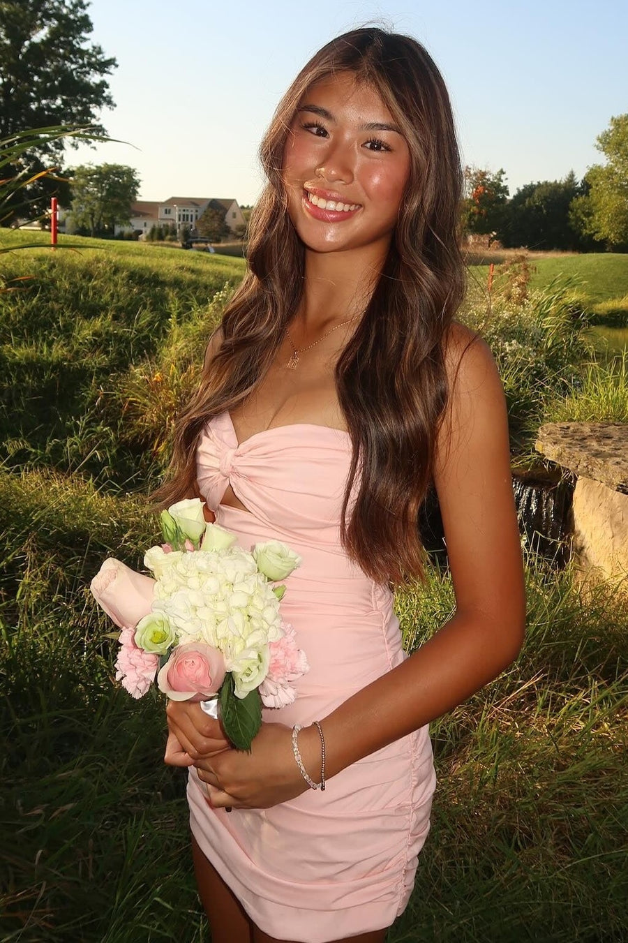 Little Pink Satin Fitted Sweetheart Strapless Pleated Homecoming Dress