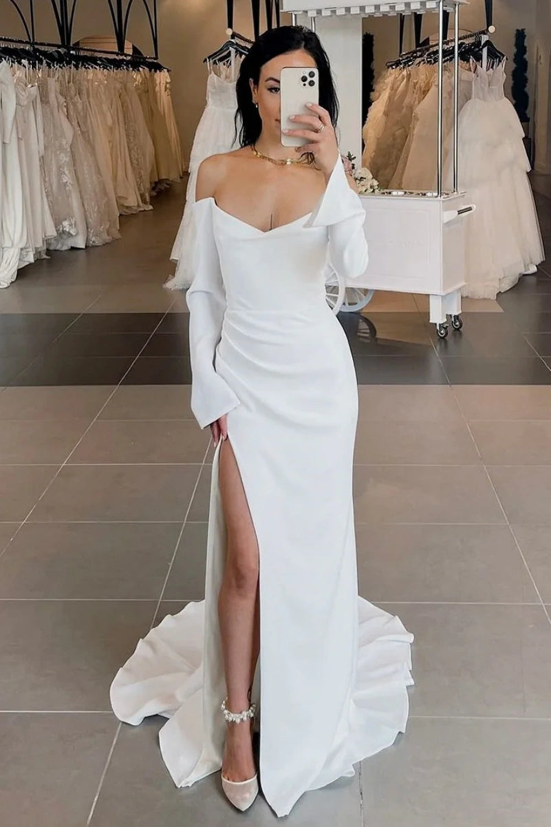 Long Sleeves Mermaid Empire Wedding Dress With Slit White / US 16 Long Sleeves Mermaid Empire Wedding Dress With Slit White / US 16