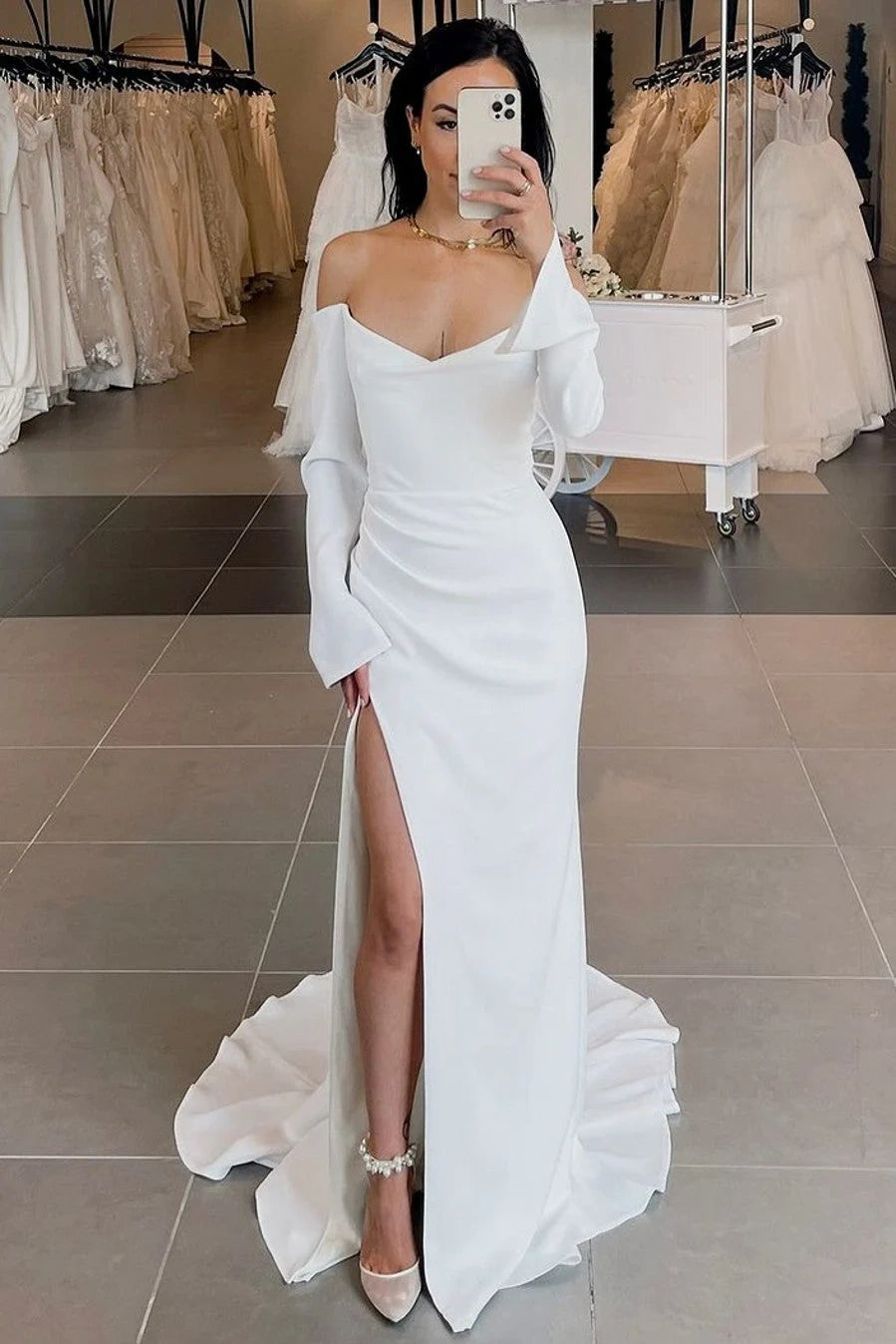 Long Sleeves Mermaid Empire Wedding Dress With Slit | Joyofdress Long Sleeves Mermaid Empire Wedding Dress With Slit | Joyofdress