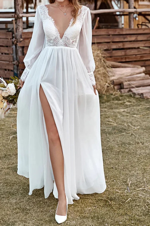 Long Sleeves Satin A-Line V-Neck Wedding Dress With Side Slit