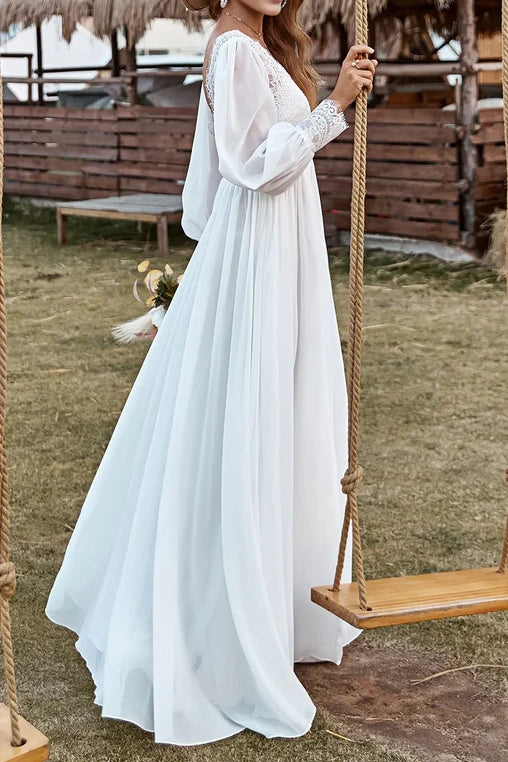 Long Sleeves Satin A-Line V-Neck Wedding Dress With Side Slit