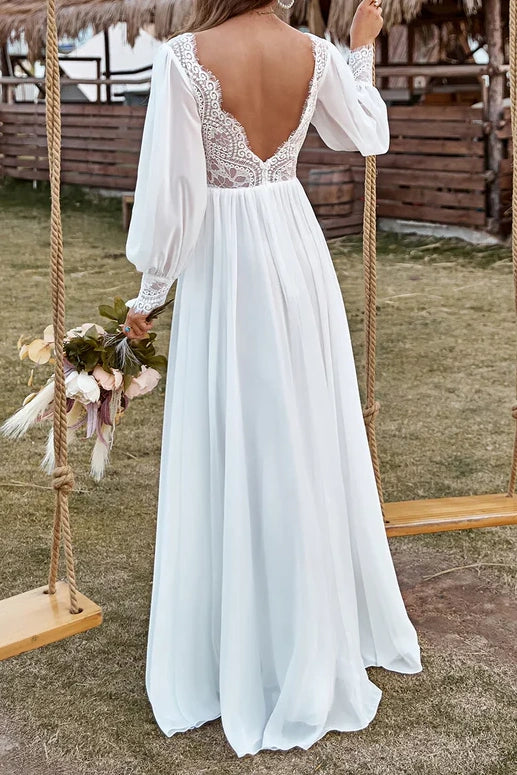 Long Sleeves Satin A-Line V-Neck Wedding Dress With Side Slit