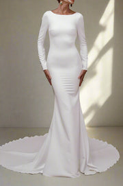 Long Sleeves Scoop Open Back Mermaid Satin Wedding Dress