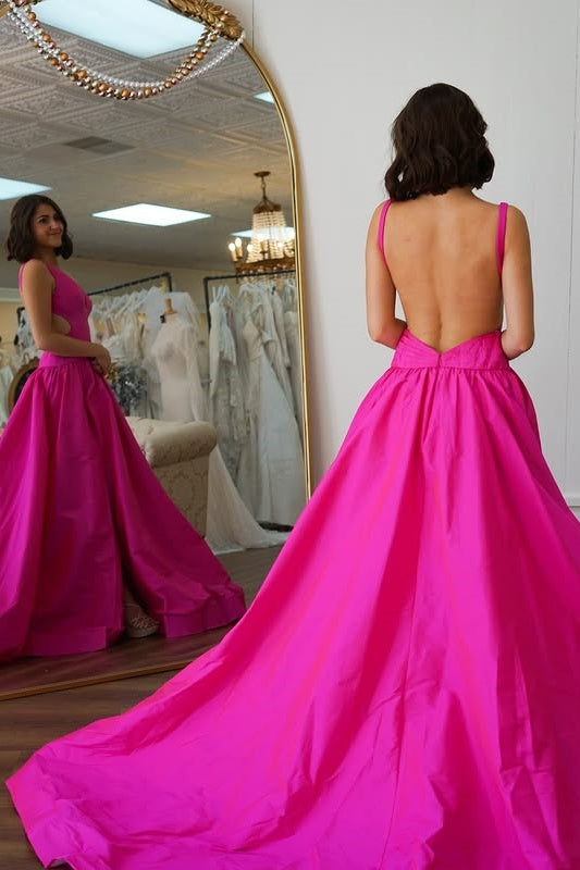 Low V-Neck Backless A-Line Prom Dress With Slit