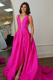 Low V-Neck Backless A-Line Prom Dress With Slit