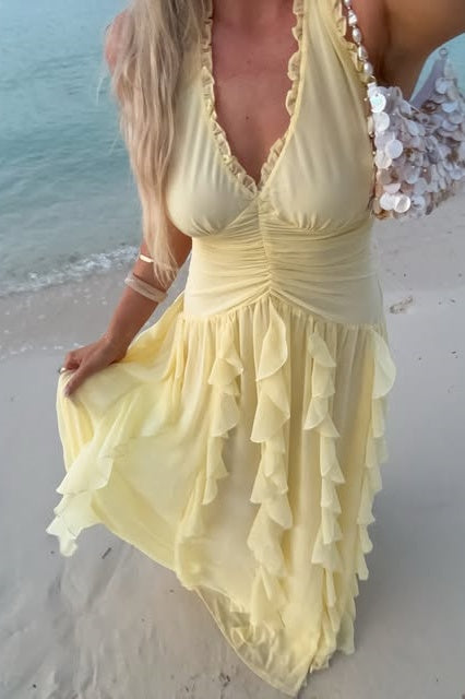 Low V-Neck Backless Chiffon Ruffle A-Line Maxi Party Prom Dress
