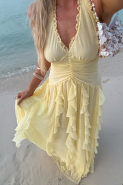 Low V-Neck Backless Chiffon Ruffle A-Line Maxi Party Prom Dress