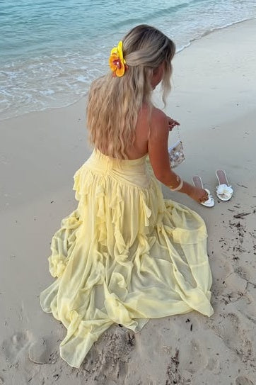 Low V-Neck Backless Chiffon Ruffle A-Line Maxi Party Prom Dress
