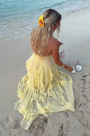 Low V-Neck Backless Chiffon Ruffle A-Line Maxi Party Prom Dress