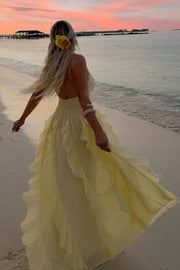 Low V-Neck Backless Chiffon Ruffle A-Line Maxi Party Prom Dress