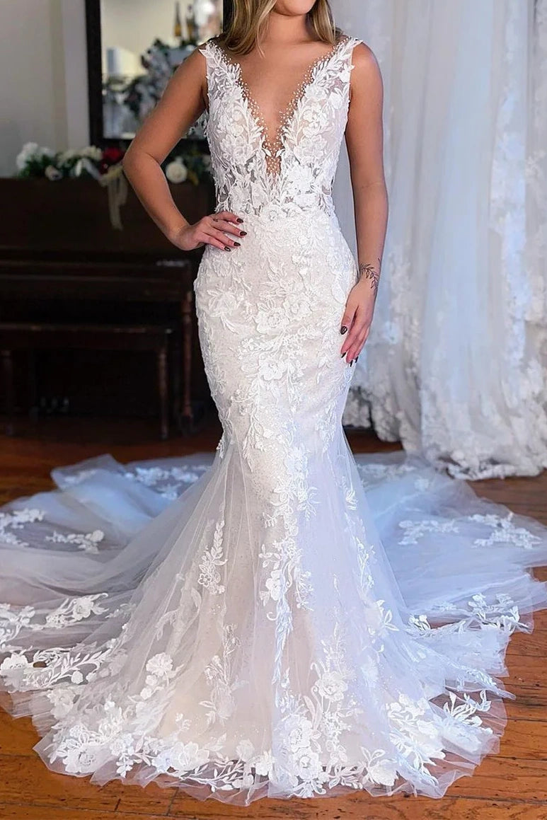 Low V-Neck Backless Mermaid Lace Wedding Dress | Joyofdress Low V-Neck Backless Mermaid Lace Wedding Dress | Joyofdress