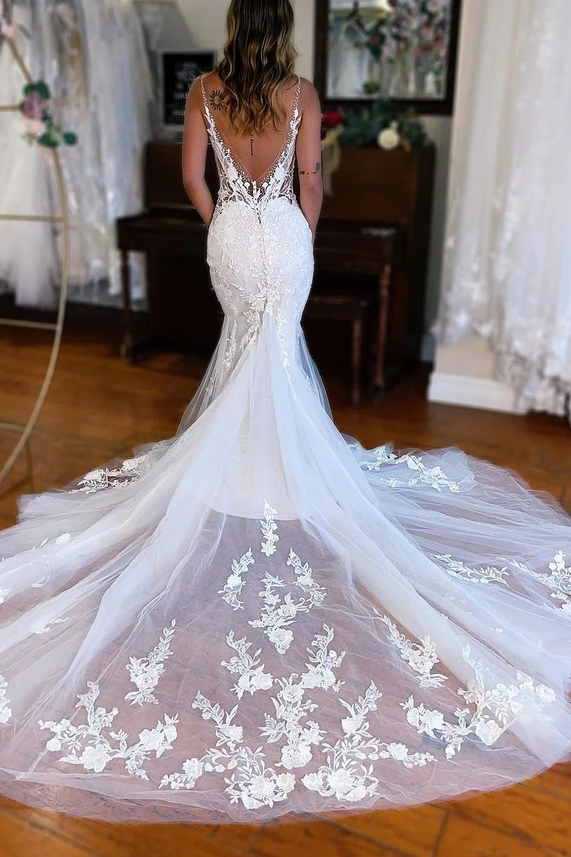 Low V-Neck Backless Mermaid Lace Wedding Dress