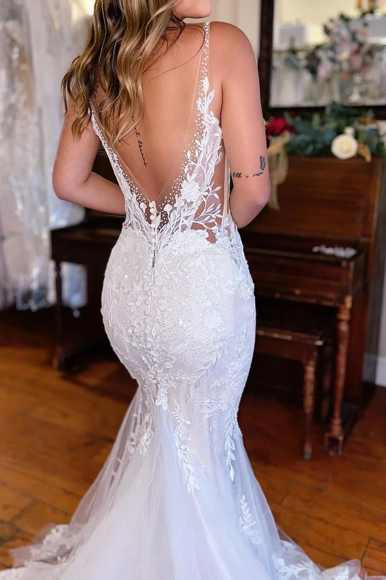 Low V-Neck Backless Mermaid Lace Wedding Dress Custom Color / US 8 Low V-Neck Backless Mermaid Lace Wedding Dress Custom Color / US 8