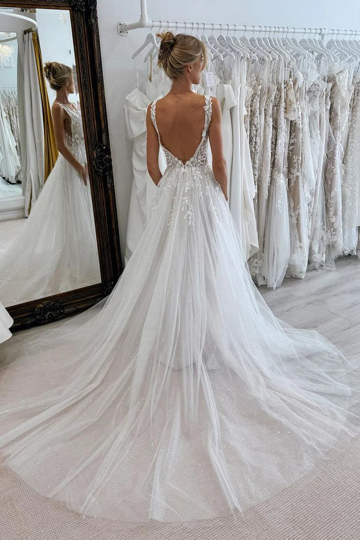 Low V-Neck Backless Tulle A-Line Appliques Wedding Dress