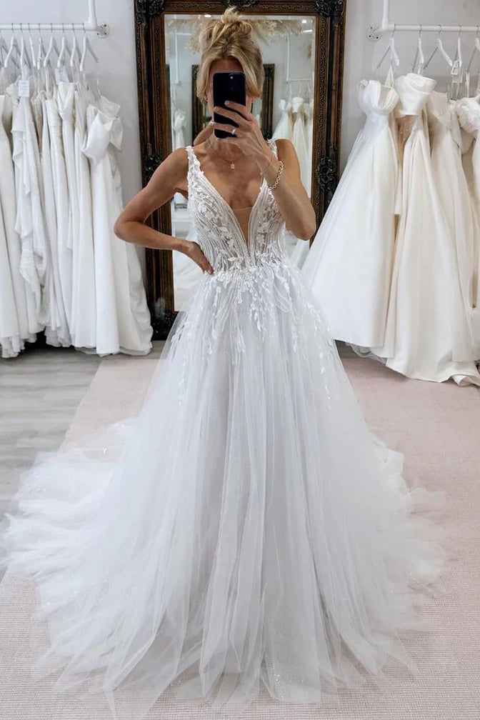 tulle a line wedding dress with plunging v neck Tulle Wedding Dress with Plunging V Neckline  Spaghetti Strap Wedding Dress with Lace Bodice Plus Size Size 16W