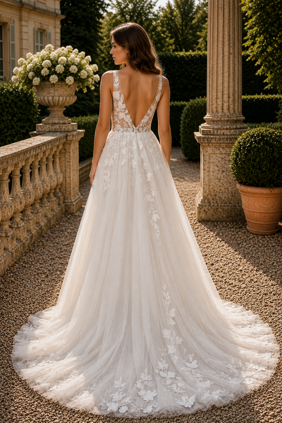 Low V-Neck Backless Tulle Lace Appliques A-Line Wedding Dress Custom Color / Custom Size