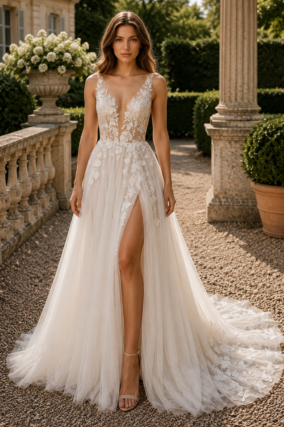 Low V-Neck Backless Tulle Lace Appliques A-Line Wedding Dress