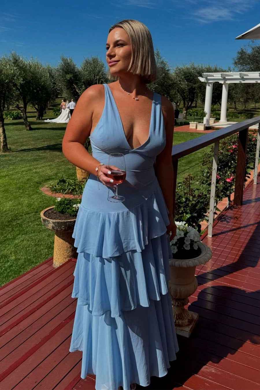 Low V-Neck Empire Tiered A-Line Bridesmaid Dress