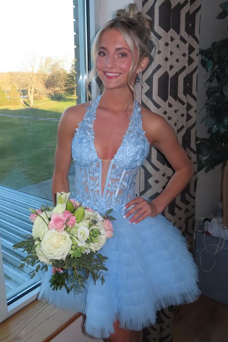 Low V-Neck Halter A-Line Tiered Short Party Homecoming Dress | Joyofdress Low V-Neck Halter A-Line Tiered Short Party Homecoming Dress | Joyofdress