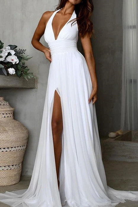 halter chiffon wedding dress ZAPAKA Women White Long Beach Dress Sheath Halter Chiffon Bridal Dress, White / US16W
