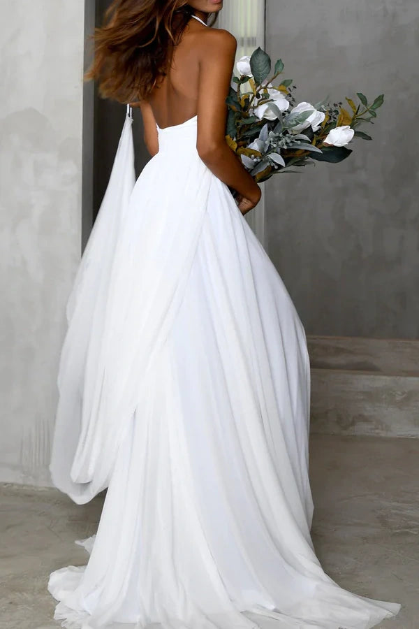 Low V-Neck Halter Backless Chiffon A-Line Wedding Dress