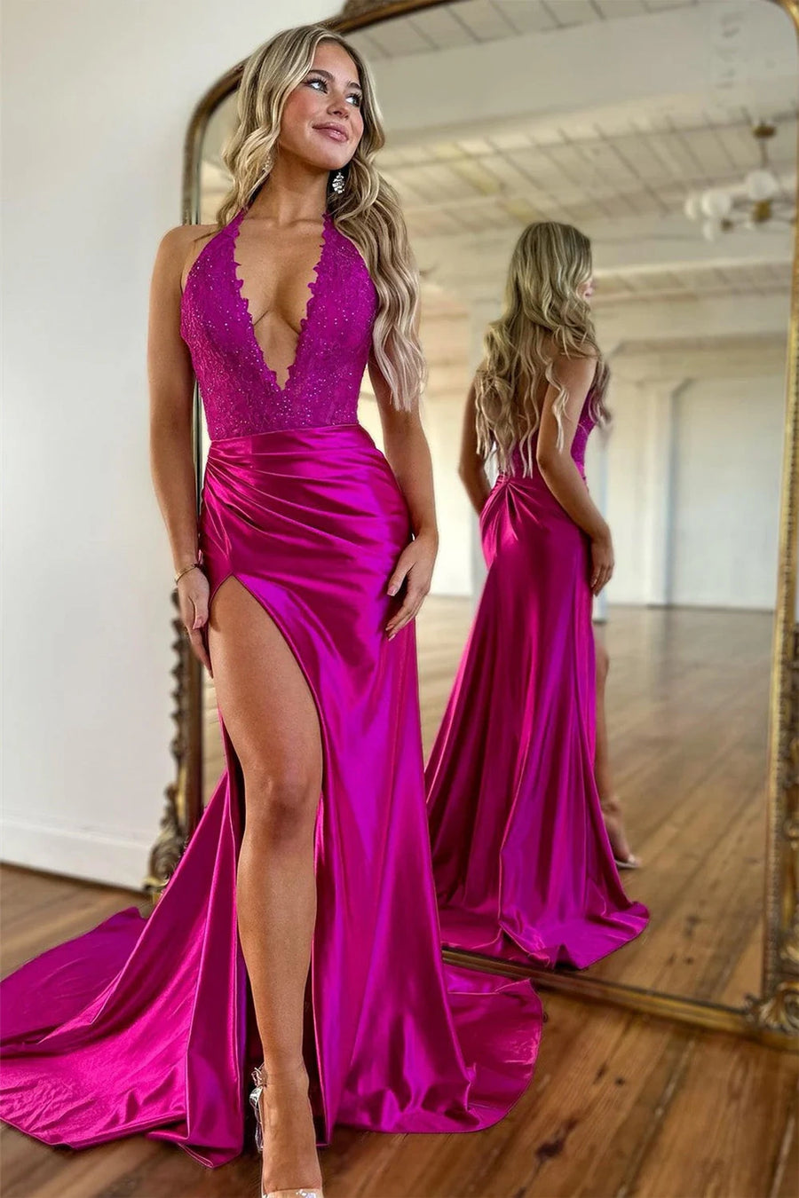 Low V-Neck Halter Backless Empire Two Tone Party Prom Dress 