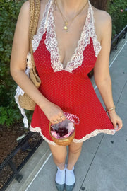 Low V-Neck Halter Backless Polkal Dots Summer Homecoming Dress
