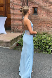 Low V-Neck Halter Backless Sheer Empire Satin A-Line Party Prom Dress