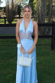 Low V-Neck Halter Backless Sheer Empire Satin A-Line Party Prom Dress