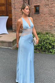 Low V-Neck Halter Backless Sheer Empire Satin A-Line Party Prom Dress