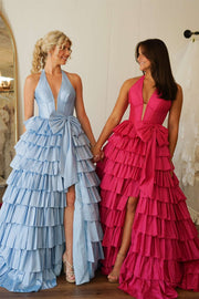 Low V-Neck Halter Satin A-Line Tiered Long Prom Dress