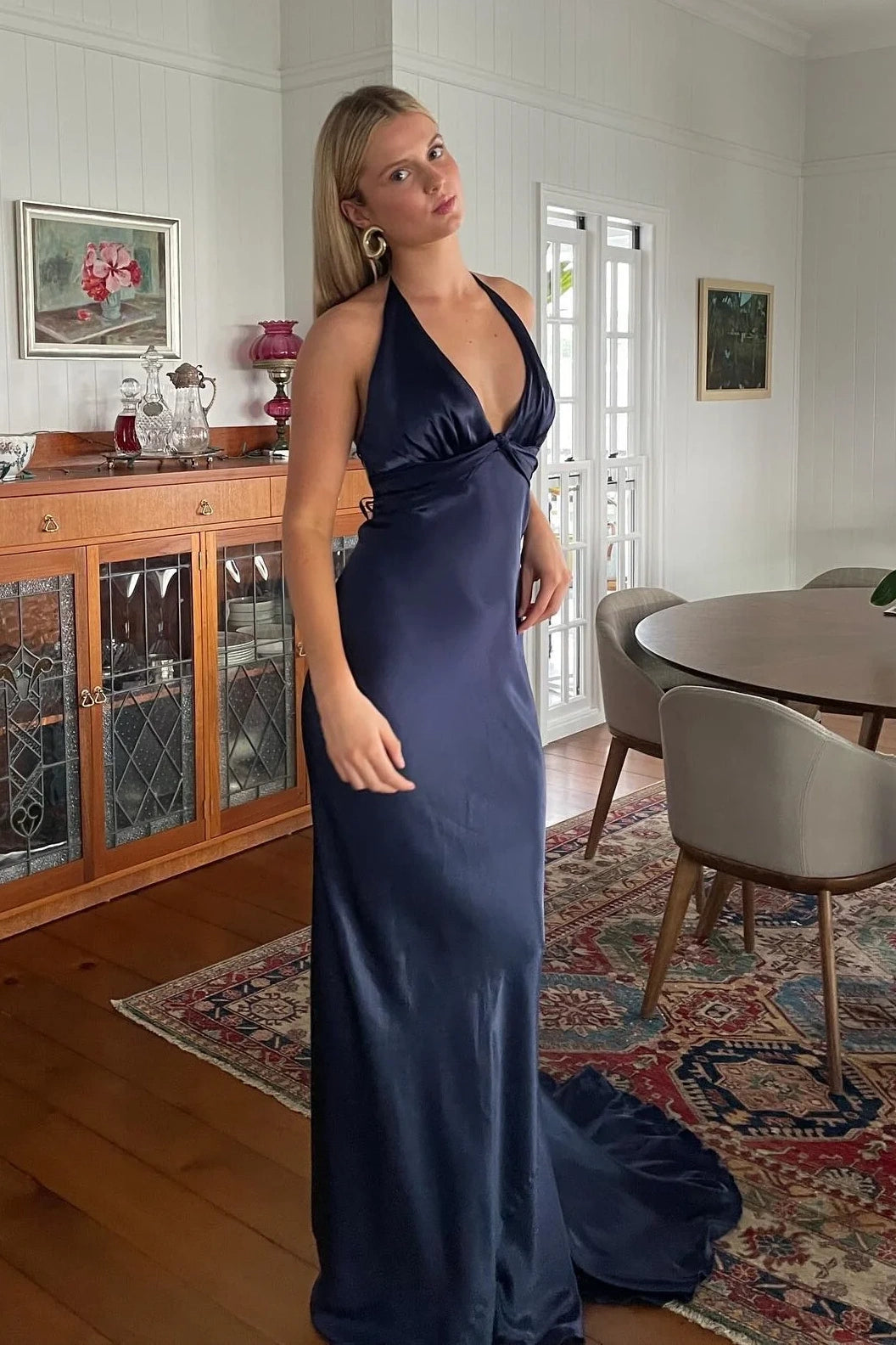 Low V-Neck Halter Satin Mermaid Party Prom Dress