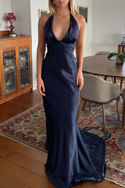 Low V-Neck Halter Satin Mermaid Party Prom Dress