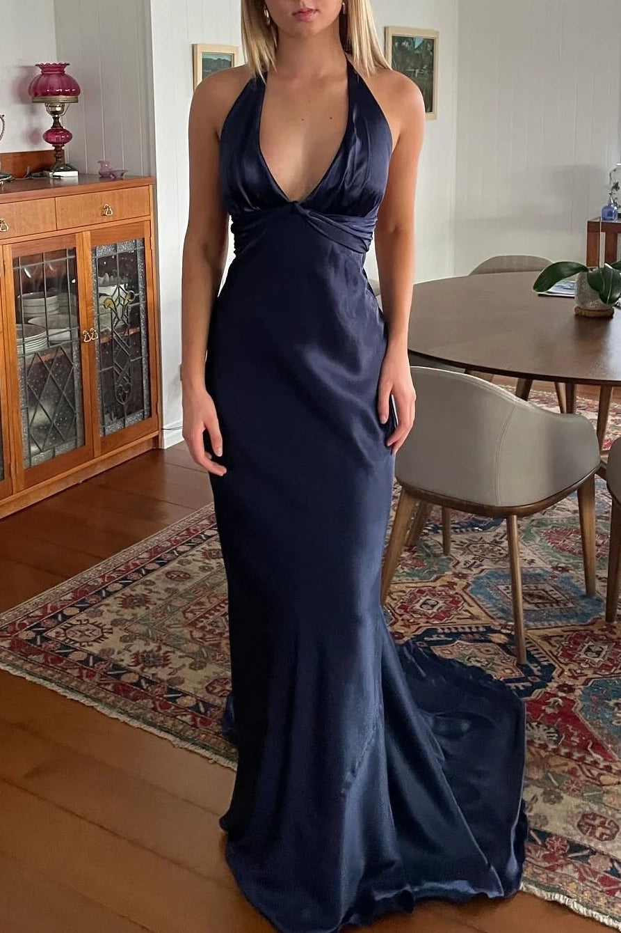 Low V-Neck Halter Satin Mermaid Party Prom Dress