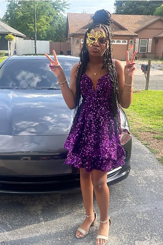 Low V-Neck Halter Sequins Tiered Short Homecoming Dress