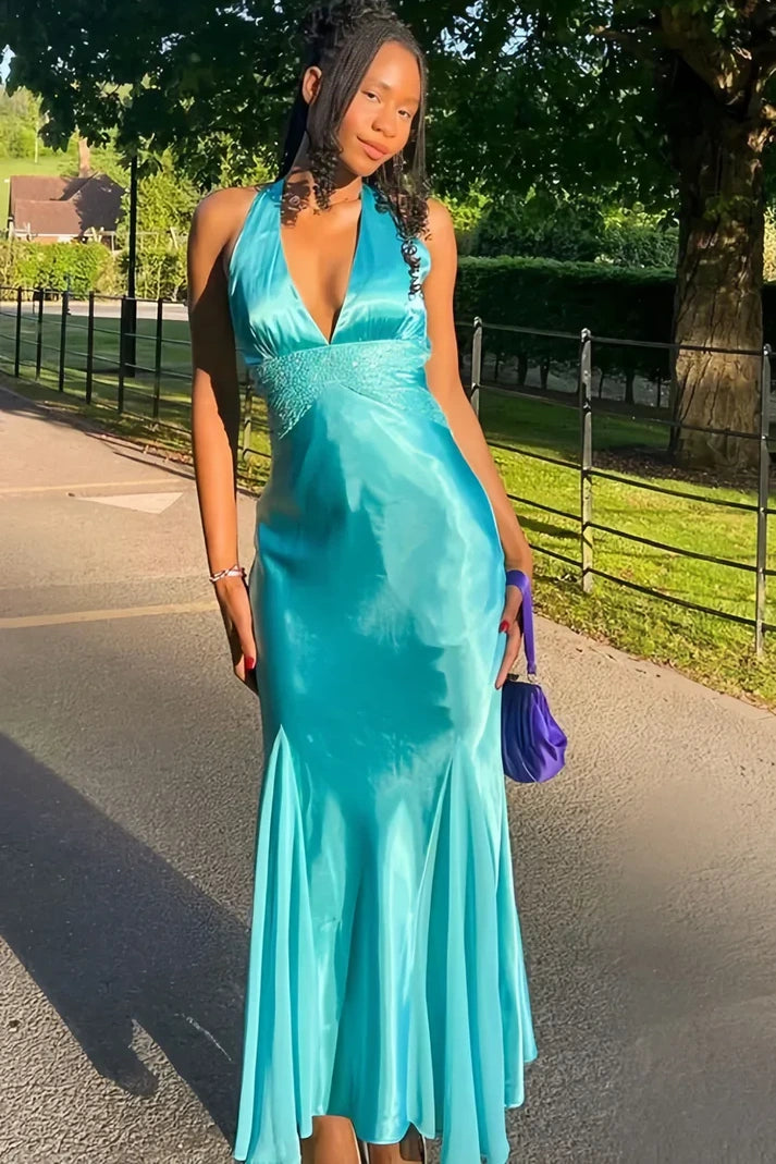 Low V-Neck Halter Sleeveless Long Satin Party Prom Dress