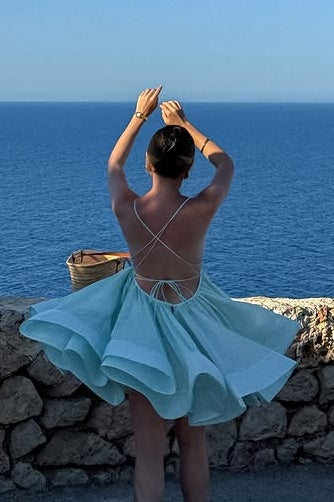 Low V-Neck Lace-Up Tulle A-Line Short Homecoming Dress