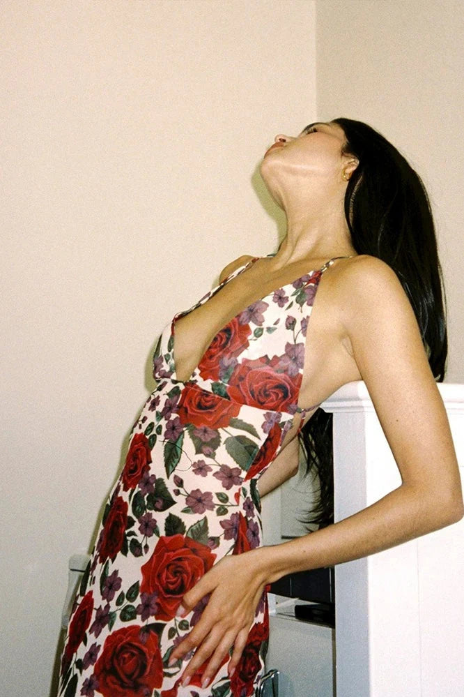 Low V-Neck Lace Up Satin Mermaid Floral Party Prom Dress