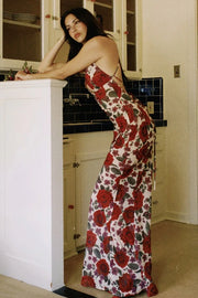 Low V-Neck Lace Up Satin Mermaid Floral Party Prom Dress