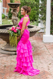 Low V-Neck Ope Back Two Tone Tiered Mermaid Party Prom Dress