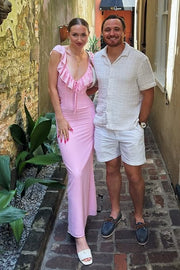 Low V-Neck Ruffle Sleeveless Fitted Party Prom Dress 