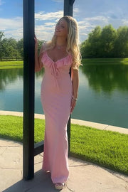 Low V-Neck Ruffle Sleeveless Fitted Party Prom Dress 