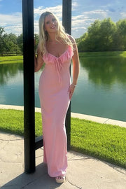 Low V-Neck Ruffle Sleeveless Fitted Party Prom Dress 