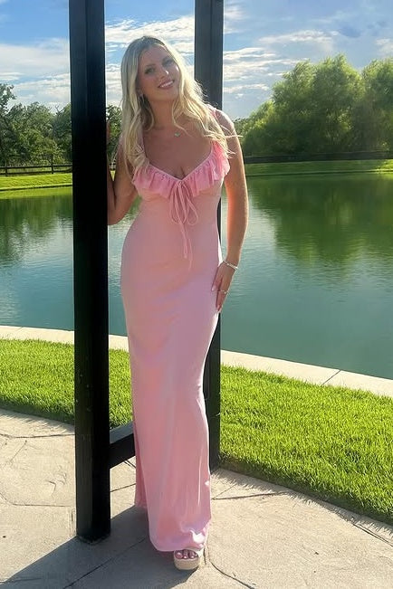 Low V-Neck Ruffle Sleeveless Fitted Party Prom Dress 