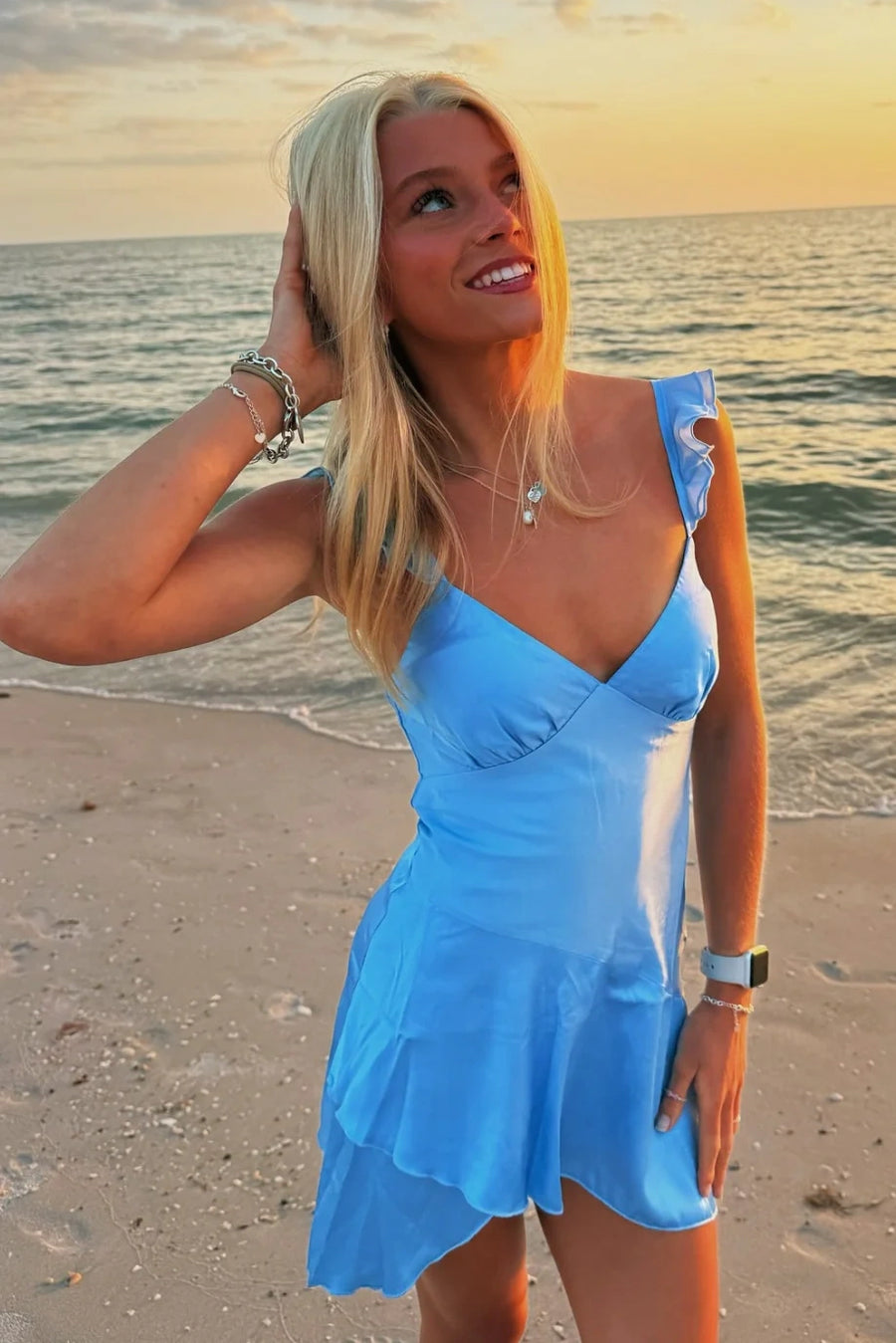 Low V-Neck Ruffle Straps Casual Satin Homecoming Dress Blue / US 8 Low V-Neck Ruffle Straps Casual Satin Homecoming Dress Blue / US 8