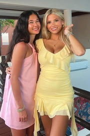 Low V-Neck Ruffle Straps Chiffon Mini Party Homecoming Dress